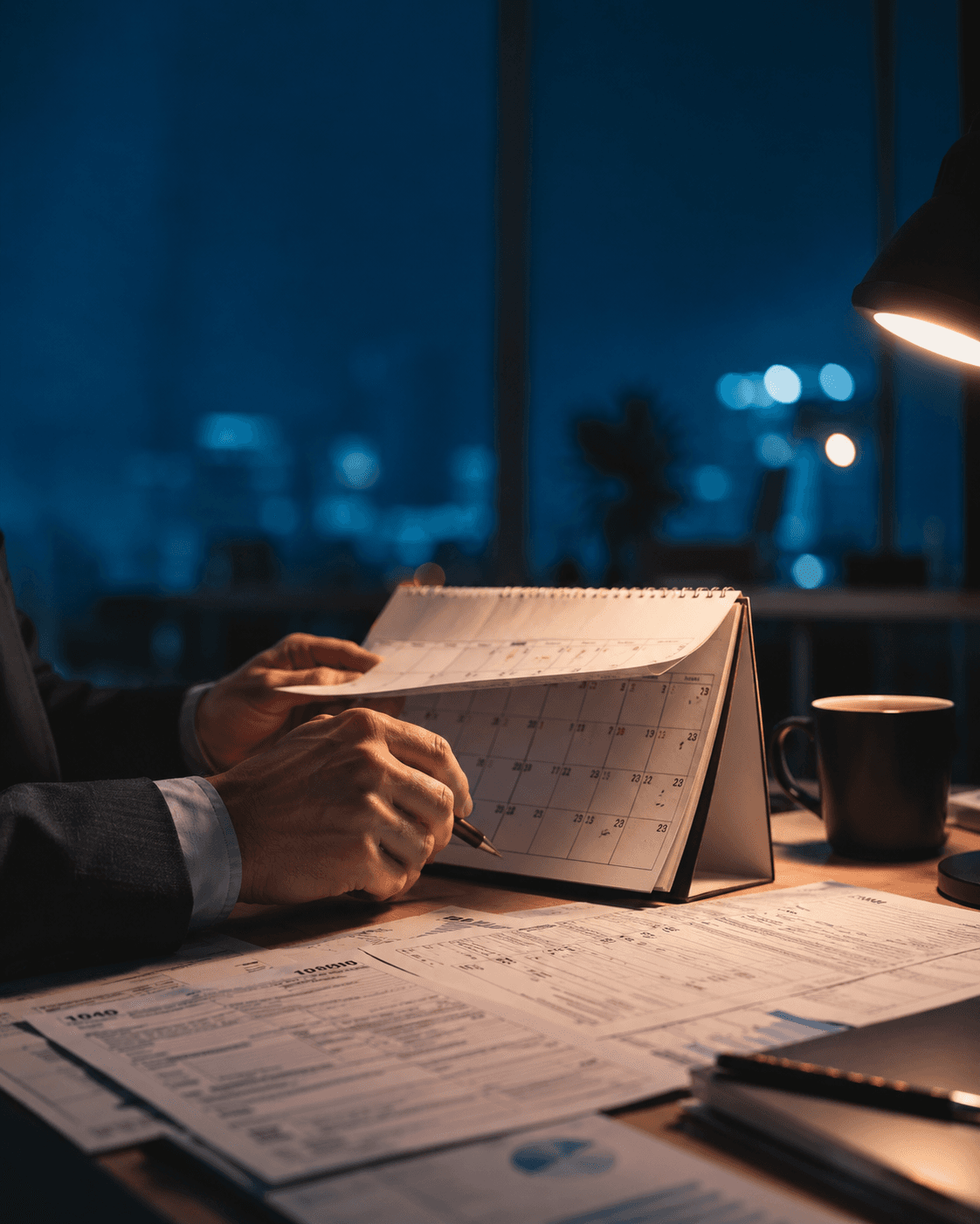 Profissional consultando um calendário de mesa sobre documentos fiscais